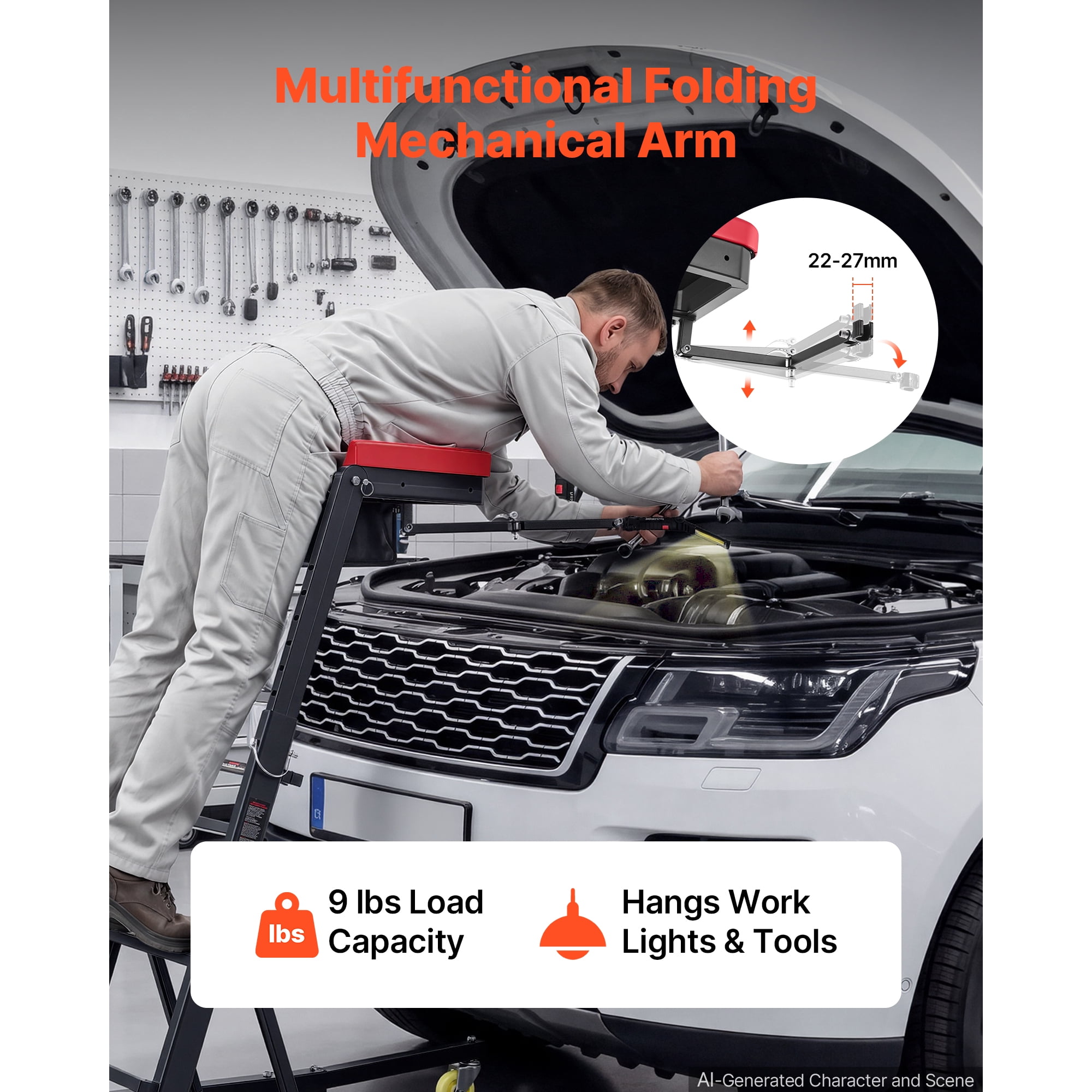 KFFKFF Adjustable Automotive Creeper 48"-64" with Folding Arm, Foldable High-Top Engine Creeper, 400LBS Durable Support, Stable I-Shaped Base, 4-Wheel Smooth Movement for Vehicle Maintenance