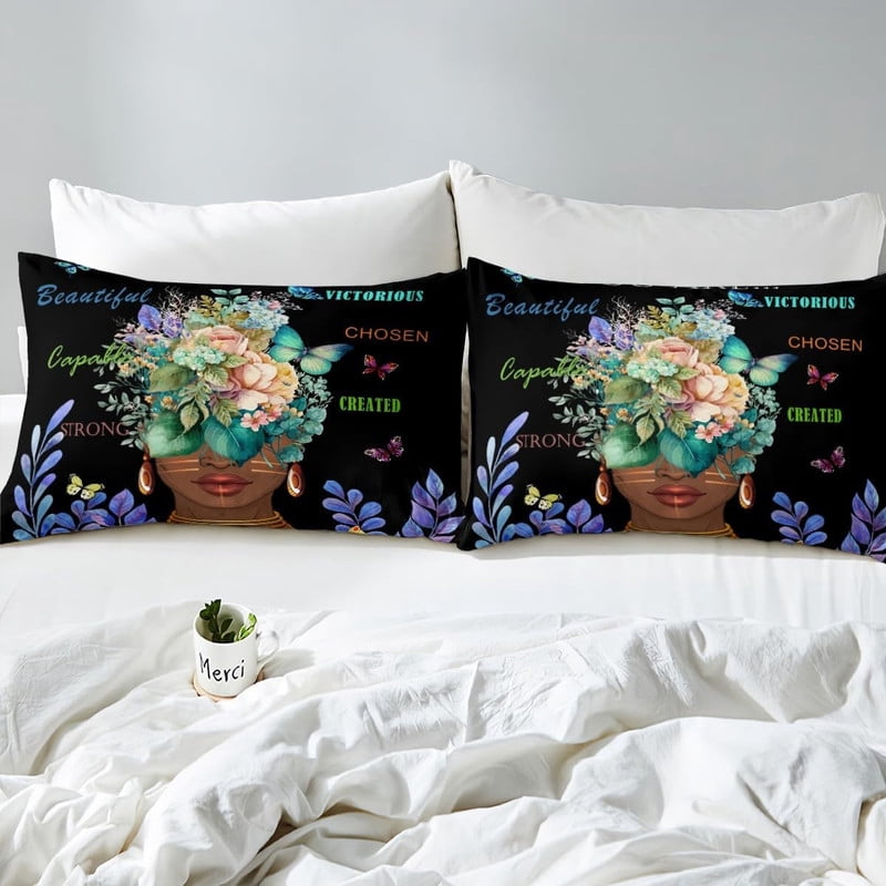 Girl African Fitted Sheet Twin Size,African Style American Inspirational Quotes Bedding Set Kids Girls Women Room Decor Watercolor Flowers Butterfly Bed Sheet Black Fashion Deep Pocket Sheet 3Pcs