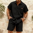 thumbnail image 3 of Havenx Men's 2 Piece Outfit Short Sleeve Waffle Knit Shorts Set Button Down Texture Lapel Collar Outfits with Pocket Vintage Fashion Summer Vacation Tracksuits,Black M, 3 of 5