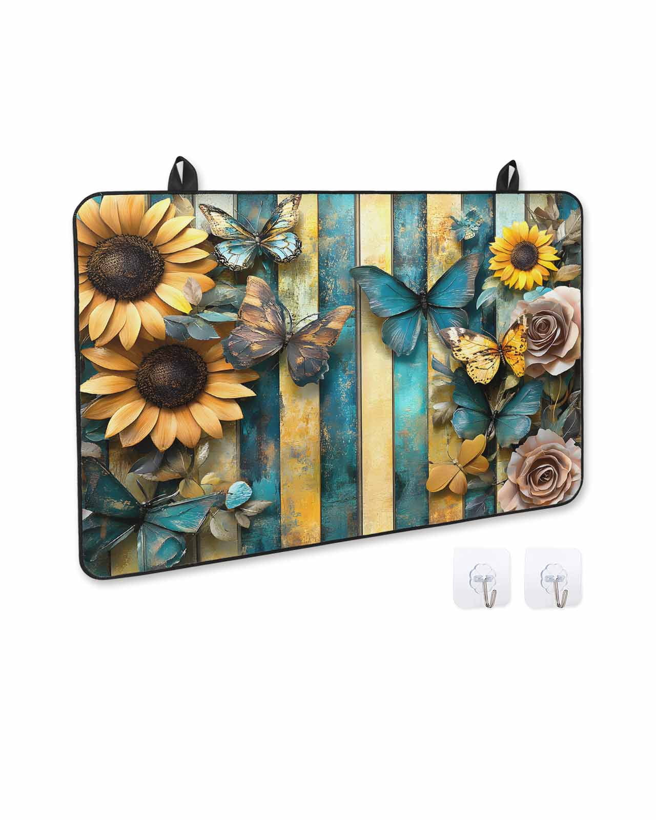 nqOlkjepod Large Induction Cooktop Protector Mat 24"x21", Butterfly Flower Stove Top Covers for Electric Stove, Yellow Teal Vertical Striped Vintage Stove Burner Cover Mats, Glass Top Stove Cover