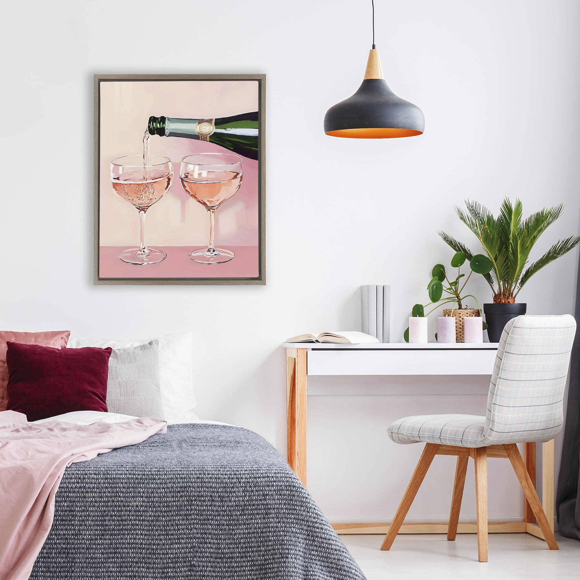 Stupell Industries Pink Champagne Toast for Two Brown Framed Floater Canvas Wall Art, design by The Prints Vibe