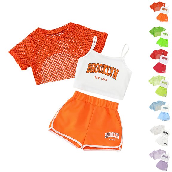 XINXIAOO Kids Girls Summer 3 Piece Clothing Set Hollow Knit Cover Up Elastic Waist Shorts for Girls 7-8 Years