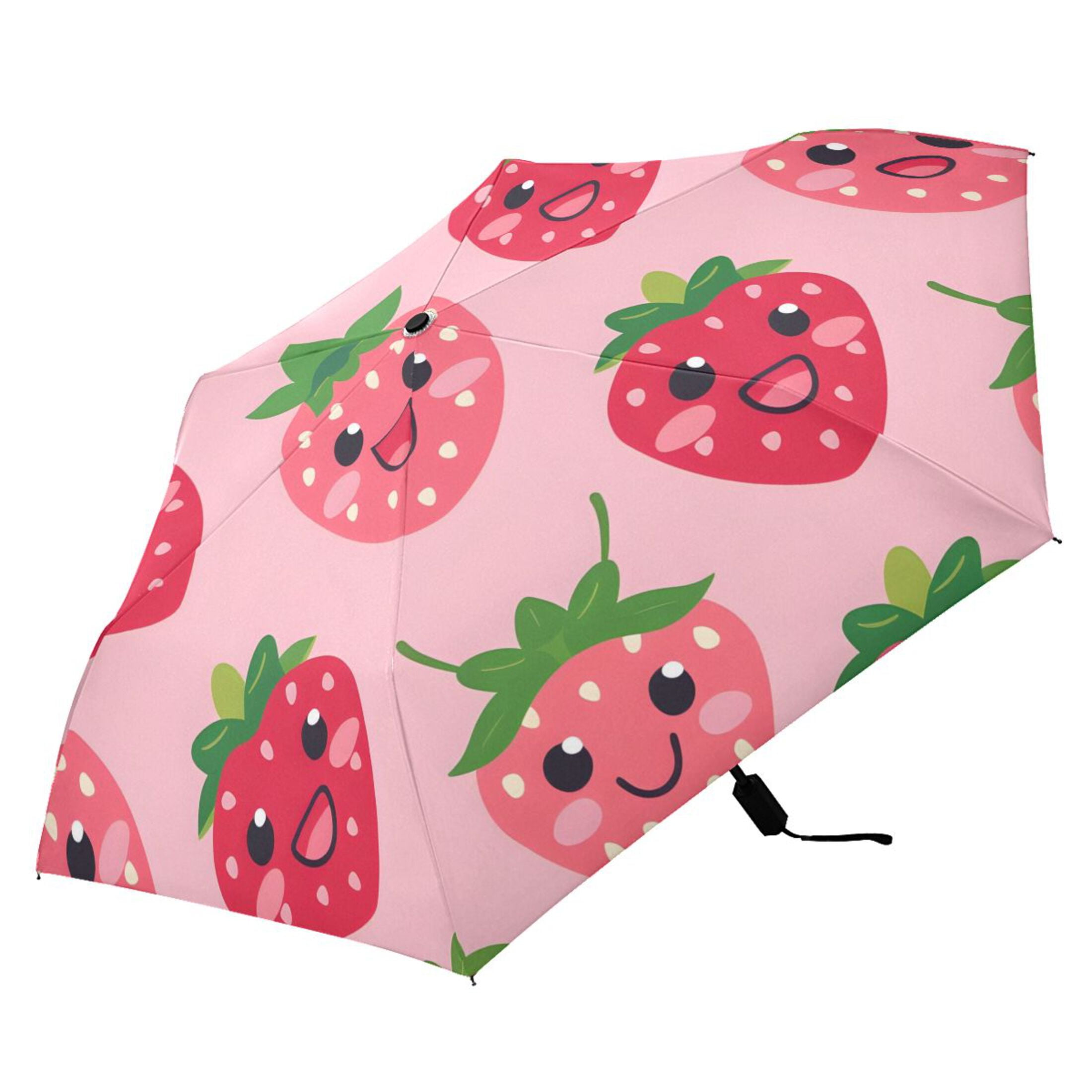 Compact Sun Umbrella Windproof Travel Umbrellas for Rain Strong Portable UV Protection Lovely Strawberry