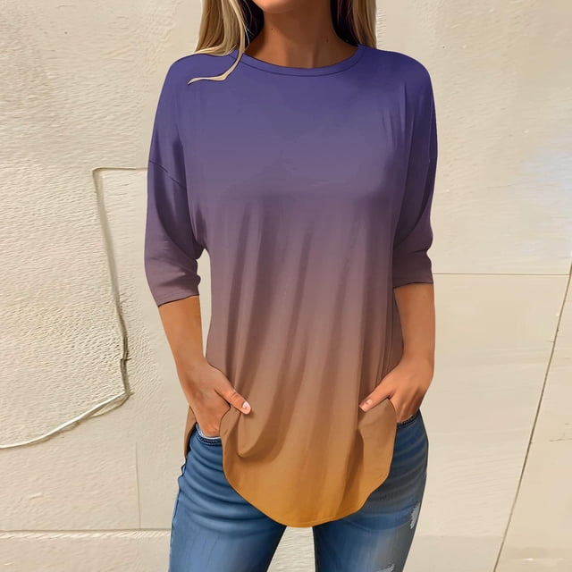 Pxiakgy Vente Chaude!! T-Shirts à Manches Longues Col Rond pour Femmes Printemps Automne Tie Dye Hauts Amples Tunique Décontractée Blouse Col Printemps Tunique Imprimée Décontractée T-Shirts Trois Quarts Hauts pour Femmes Café TTG
