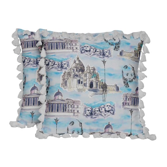 S4Sassy Giraffe|Human Face & Ancient Place Architectural Blue Cotton Flex Tassel Sofa Cushion Case Home Decorative Square Pillow Cover Throw 2Pcs-18 x 18 Inches
