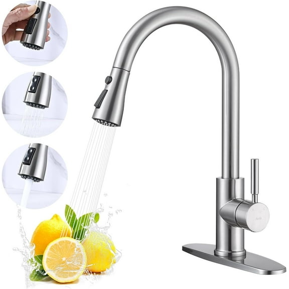 Debonair Single Handle High Arc Brushed Nickel Pull Out Kitchen Faucet,Single Level Stainless Steel Kitchen Sink Faucets with Pull Down Sprayer