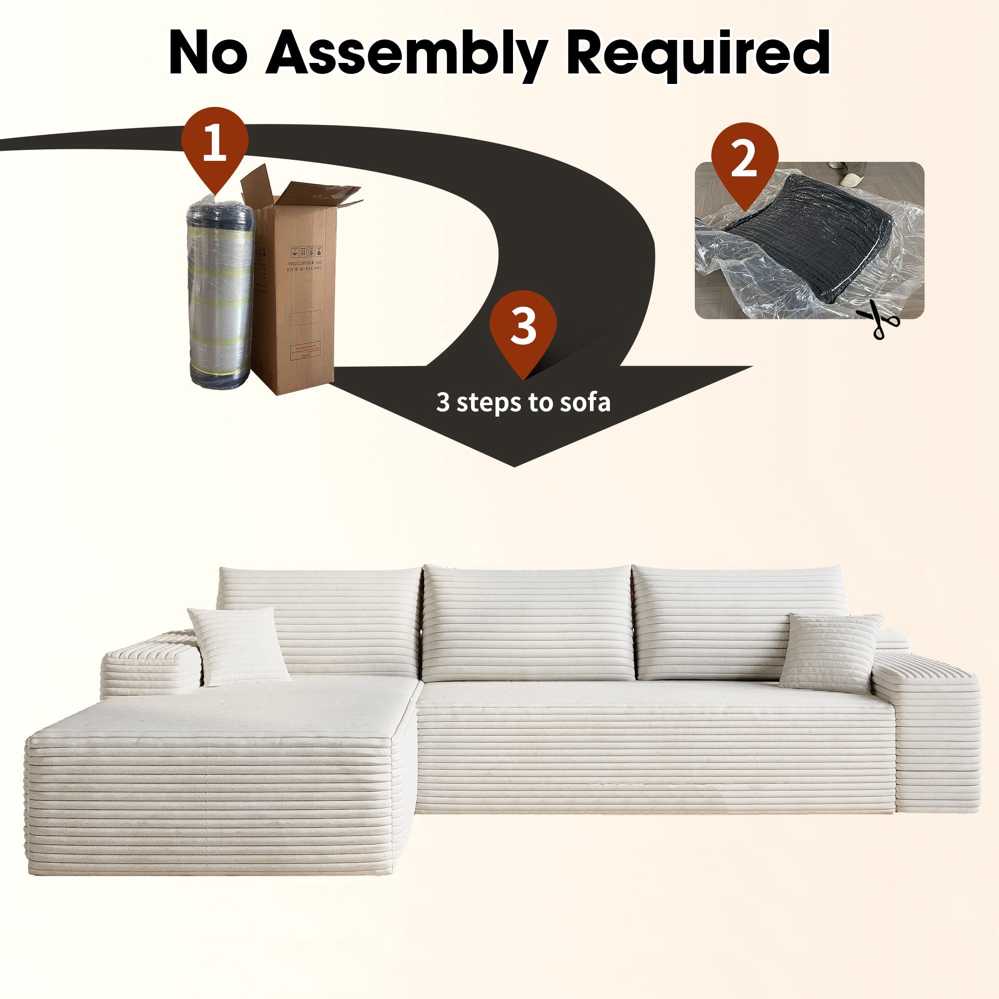 Sailvan 107" Cloud Sectional Couch, Cloudy Sofa with L-Shape Chaise, Upholstered Couches for Living Room & Bedroom, No Assembly Required, Plush Corduroy Fabric, Beige
