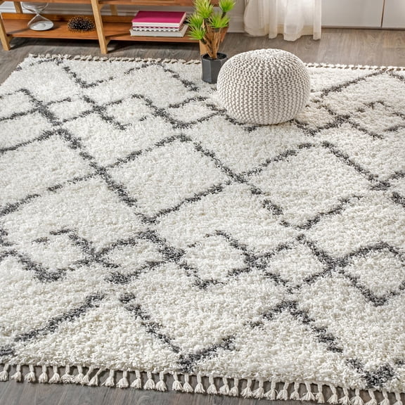 JONATHAN Y MERCER SHAG 4 x 6 Area Rug, Mercer Plush Tassel Moroccan Geometric Trellis - Ivory/Gray, MCR102B-4