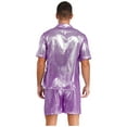 thumbnail image 2 of TiaoBug Men's 2 Piece Summer Outfits Shiny Glossy Semi-Sheer Button Down Shirts and Casual Shorts Set Purple L, 2 of 7