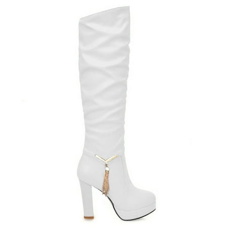 

Fashion Pure Color Round Toe Slip-On Boots Square Heels Vintage Women Boots