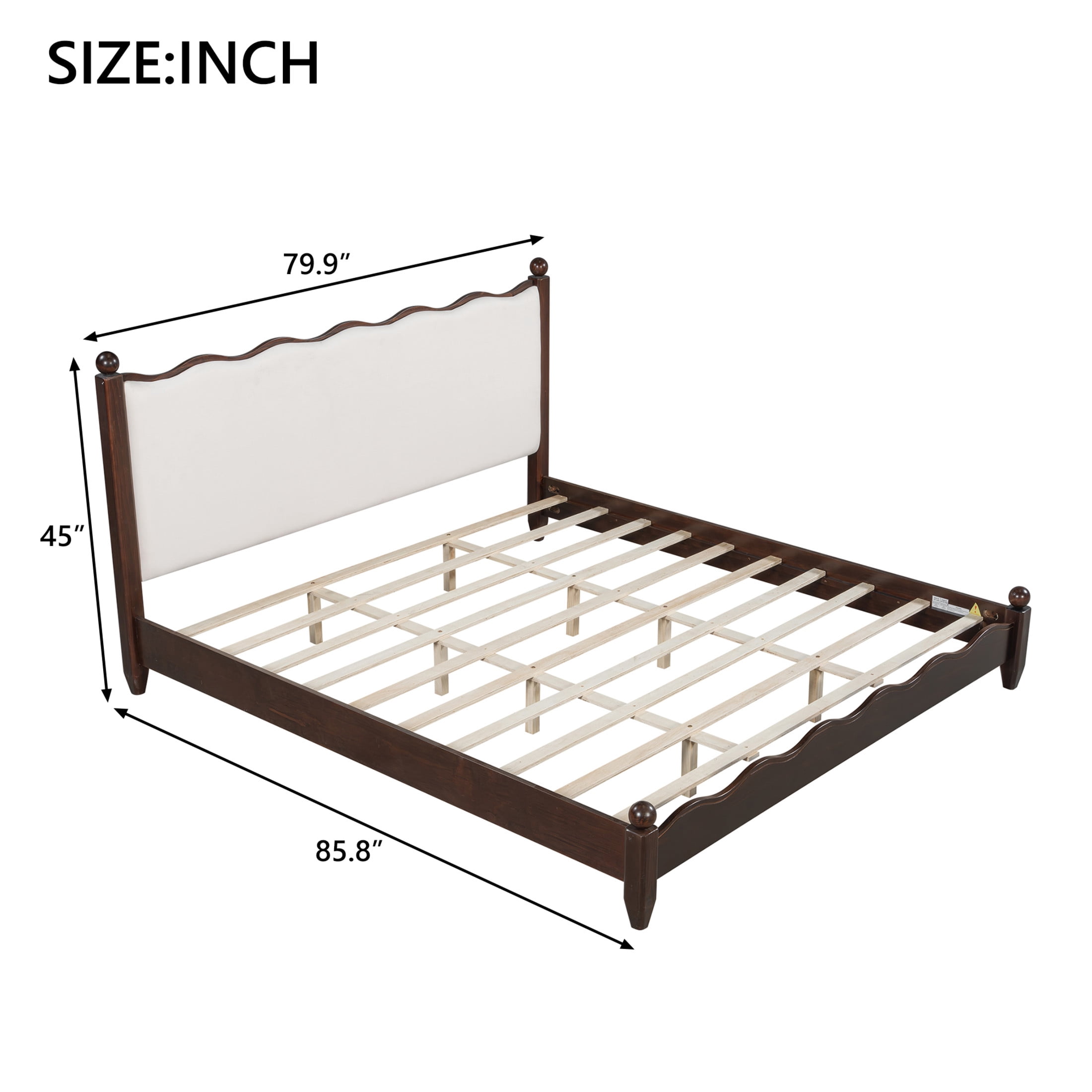 Noble House Lorven King Size Platform Bed with Scalloped Upholstered Headboard, Pine Wood Frame, Beige & Espesso
