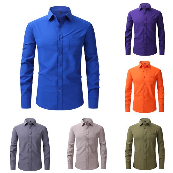 XIAOCHA Men Solid Color Dress Shirt Collared Long Sleeve Button Front Business Casual Top