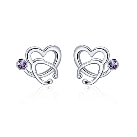 Nurse Earrings 925 Sterling Silver Stethoscope Studs Earrings with Violet June Birthstone