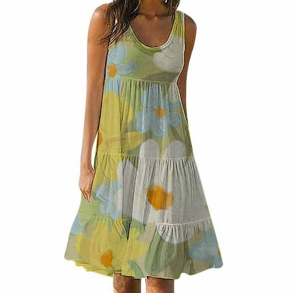 Wycnly Formal Dresses for Women Fashion Loose Flowy Ruffle Swing Beach Boho Tank Knee-Length Dresses Sleeveless U-Neck Daisy Print 2024 Summer Midi Dress Yellow s