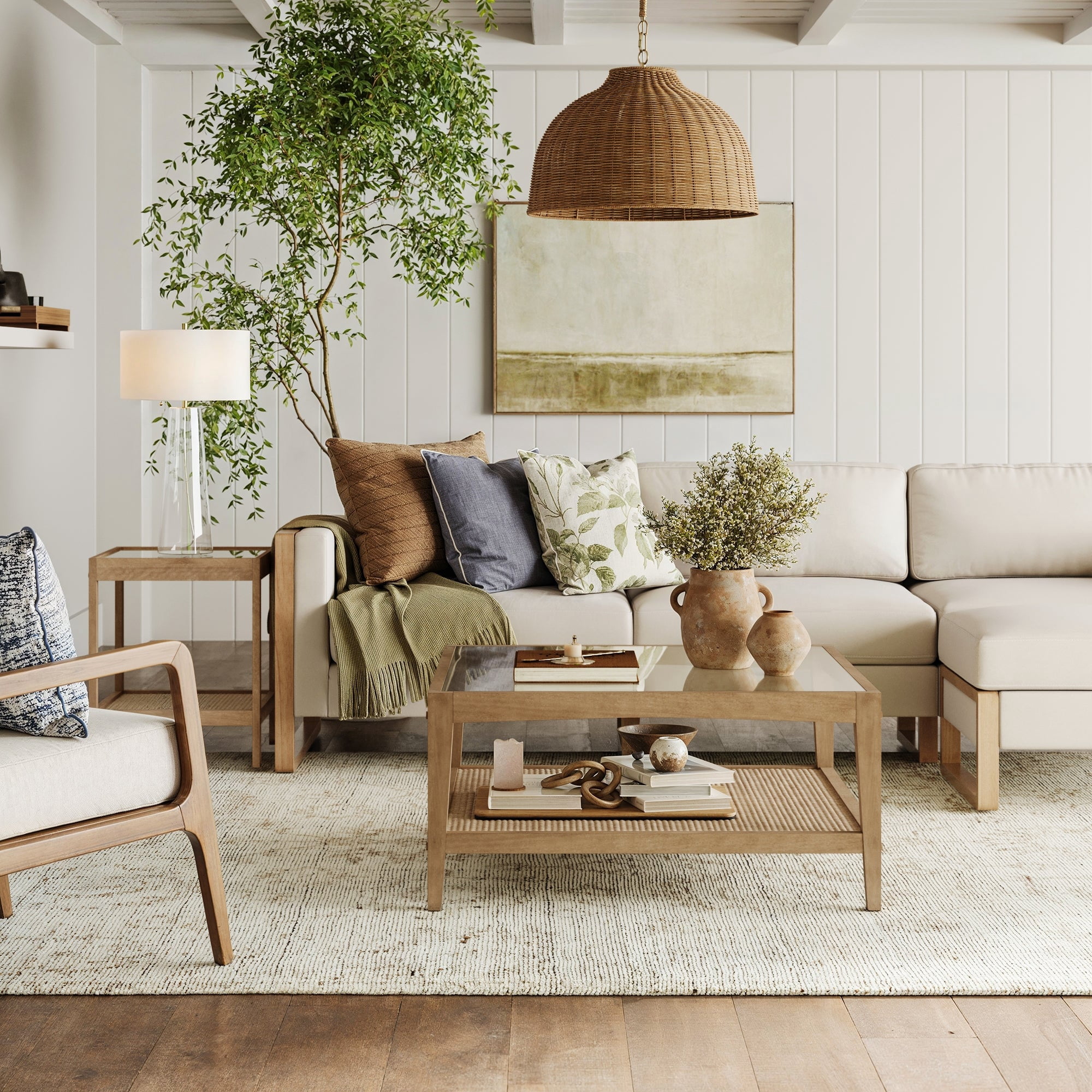 Nathan James Hayes Glass Top Coffee Table, Solid Wood Coffee Table with Glass Top and Rattan Bottom Shelf, Light Brown