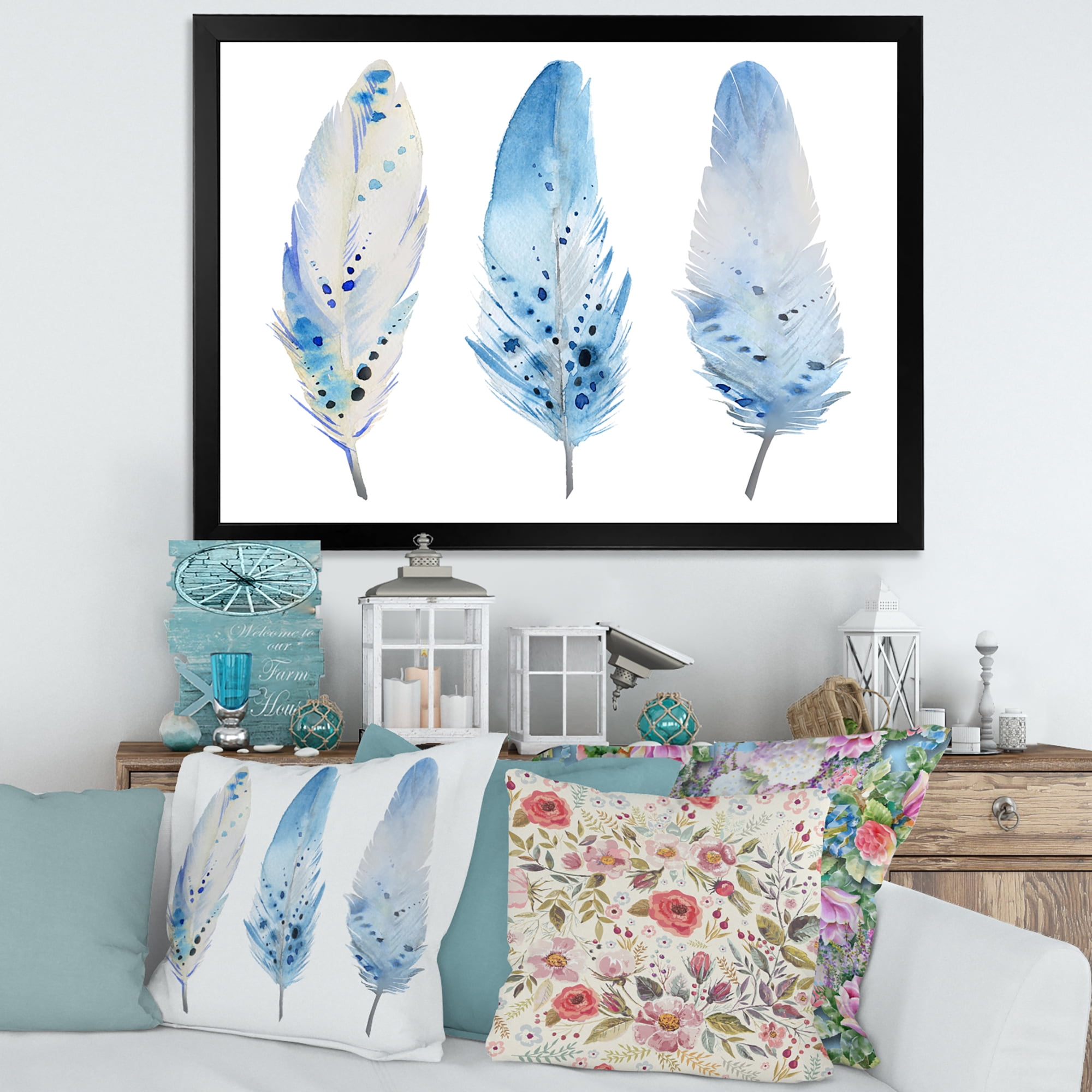 Designart 'Abstract Blue Boho Feathers II' Lake House Framed Art Print
