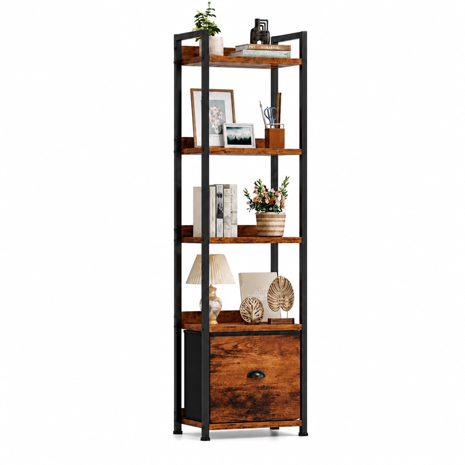 Alvantor 5-Tier Bookshelf, Industrial Bookcase with Drawer, Space-Saving Storage Bookcase for Bedroom, Living Room & Home Office