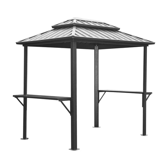 Grill Gazebo 8' × 6', Aluminum BBQ Gazebo Outdoor Metal Frame with Shelves Serving Tables, Permanent Double Roof Hard top Gazebos for Patio Lawn Deck Backyard and Garden (Grey)