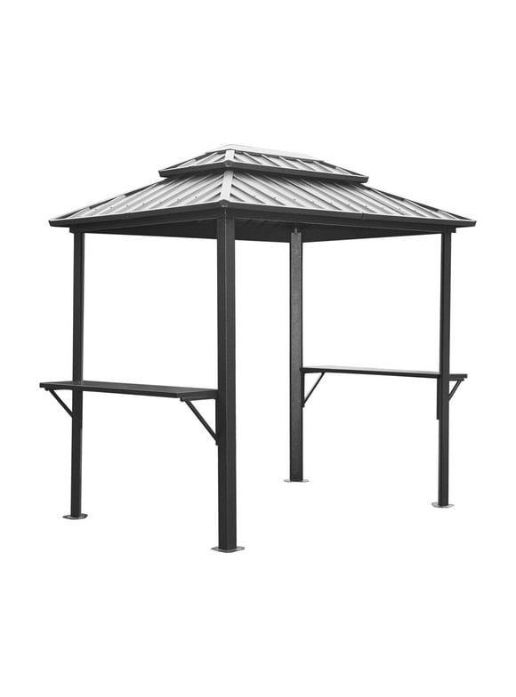 Grill Gazebo 8'  6', Aluminum BBQ Gazebo Outdoor Metal Frame with Shelves Serving Tables, Permanent Double Roof Hard top Gazebos for Patio Lawn Deck Backyard and Garden (Grey)
