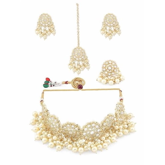 Gold Tone Mirrors & Cluster Pearls Necklace Set Earring, Maang Tikka & Ring Set For Women | Artificial Stones & Beads Diamonds - Perfect Choker Look Indian Women Jewellery Set For Indian Outfits