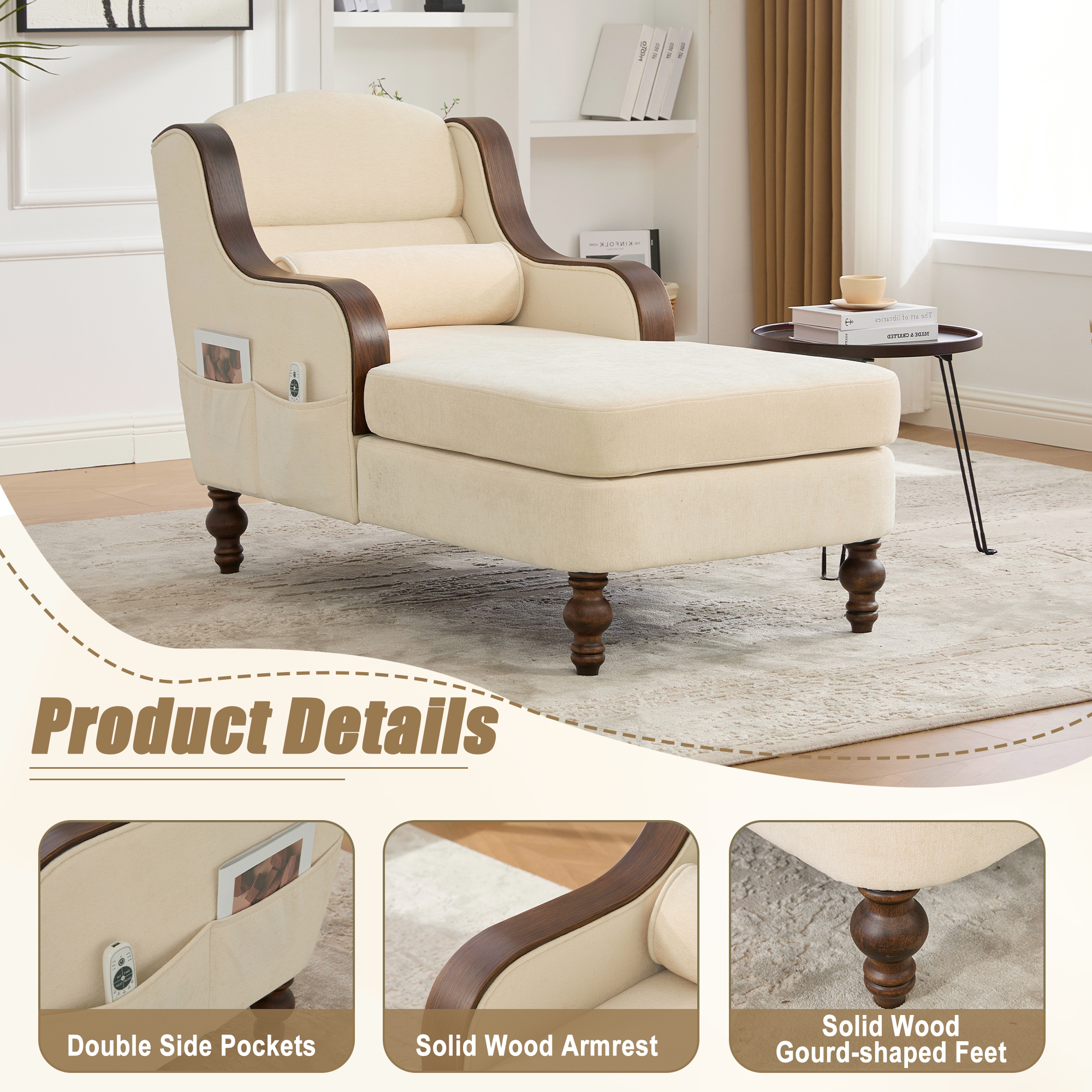 MOONMISS Chenille Upholstered Wood Frame Oversized Chaise Lounge with Side Pocket for Living Room,Bedroom-Beige