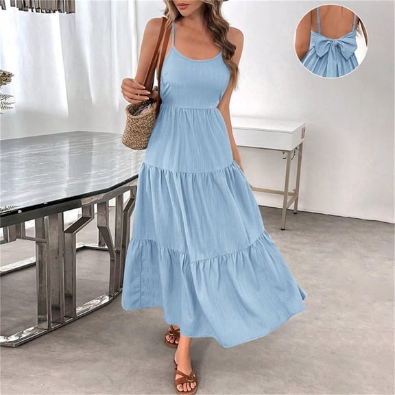 Elvqul Womens Dresses Summer Sleeveless Midi Dresses Scoop Neck Pullover Plain Blue Cami Dress for Women Flowy