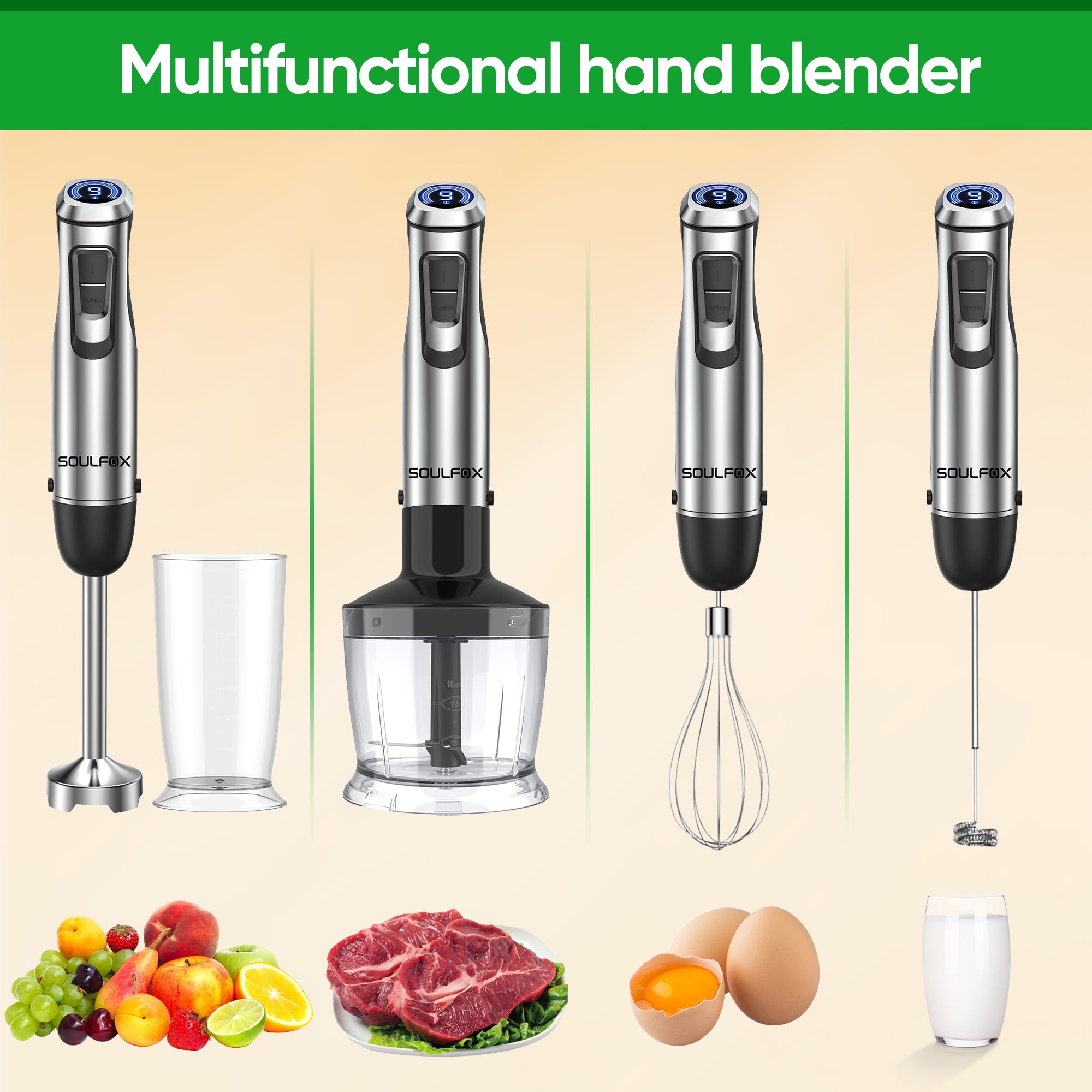 Soulfox Handheld Immersion Blender and Display 1500W, 5 in 1 Multifunctional Hand Mixer, Stainless Steel