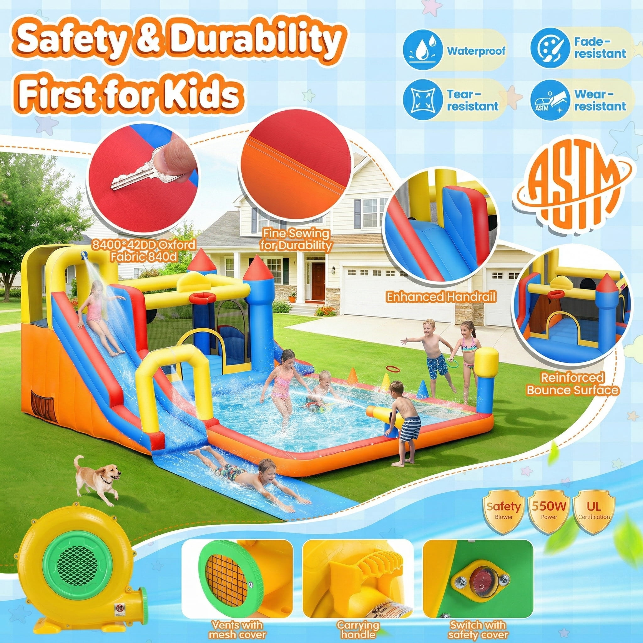 Adnoom Inflatable Water Slide, 12-in-1 Water Park Bounce House for Big Kids, Outdoor Bouncy House with Dual Slides, Big Splash Pool, Water Cannon for Backyard/Party, Jumping Castle with 550W Blower