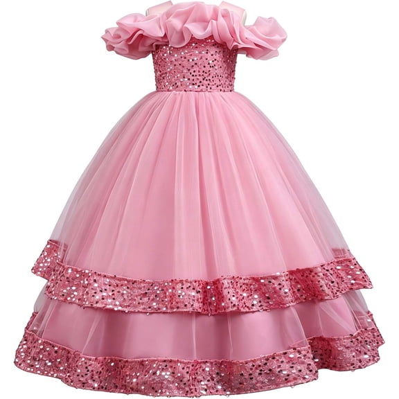 VBEWZET Off Shoulder Ruffle Sequin Flower Girl Dresses for Wedding, Long Tiered Gown Birthday Dress for Girls Elegant Girls Summer Pageant Dress Pink 9-10 Years