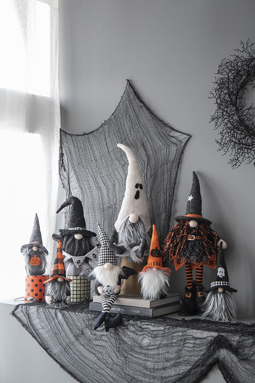 Set of 2 Halloween Gnome Decorations 23.5IN Polyester Fabric Sitting Gnome with Jack-O-Lantern for Indoor Tabletop Shelf Display