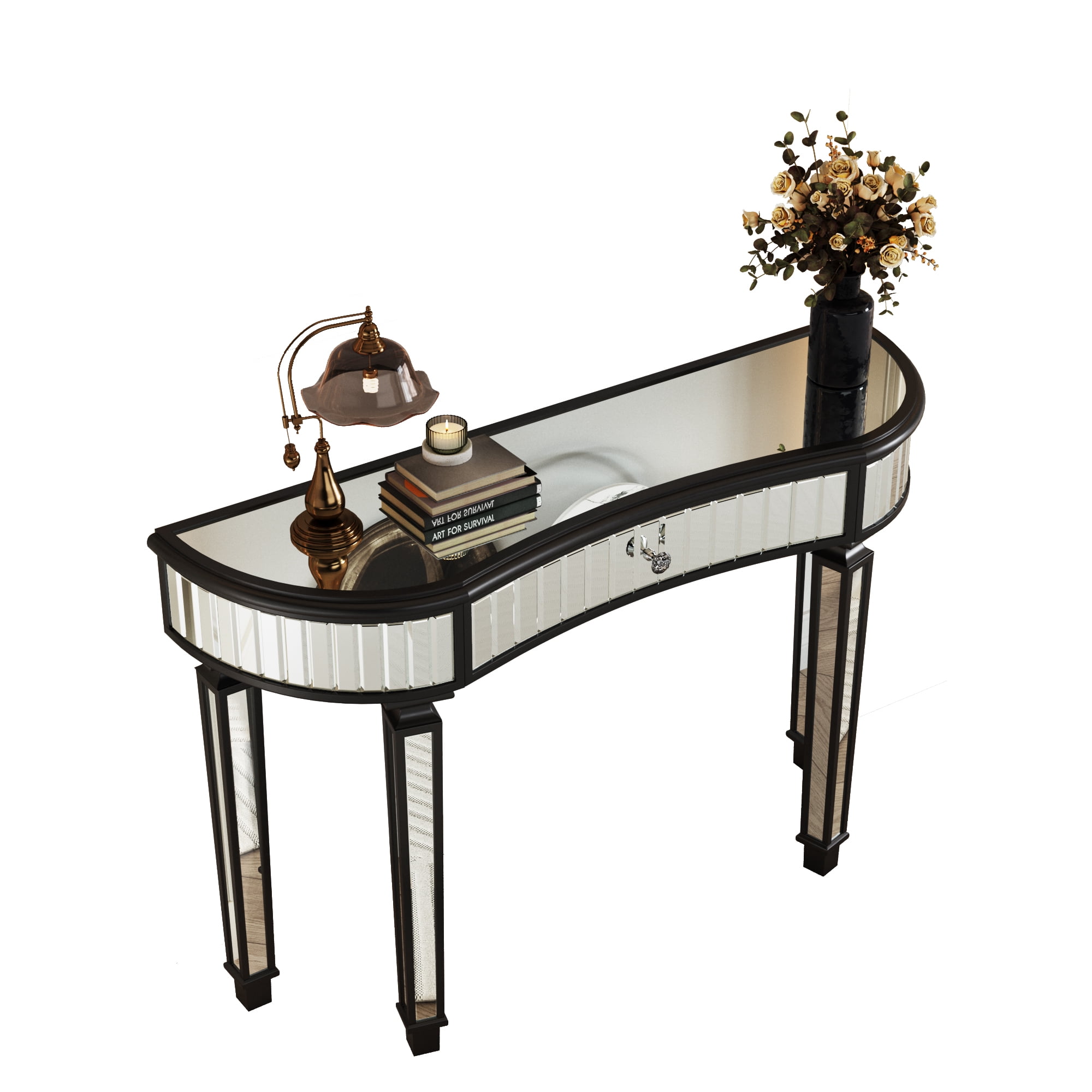 Atumcto 47" Black Mirrored Console Table with Drawer, Modern Glam Entryway Table for Hallway, Narrow Sofa Table for Living Room