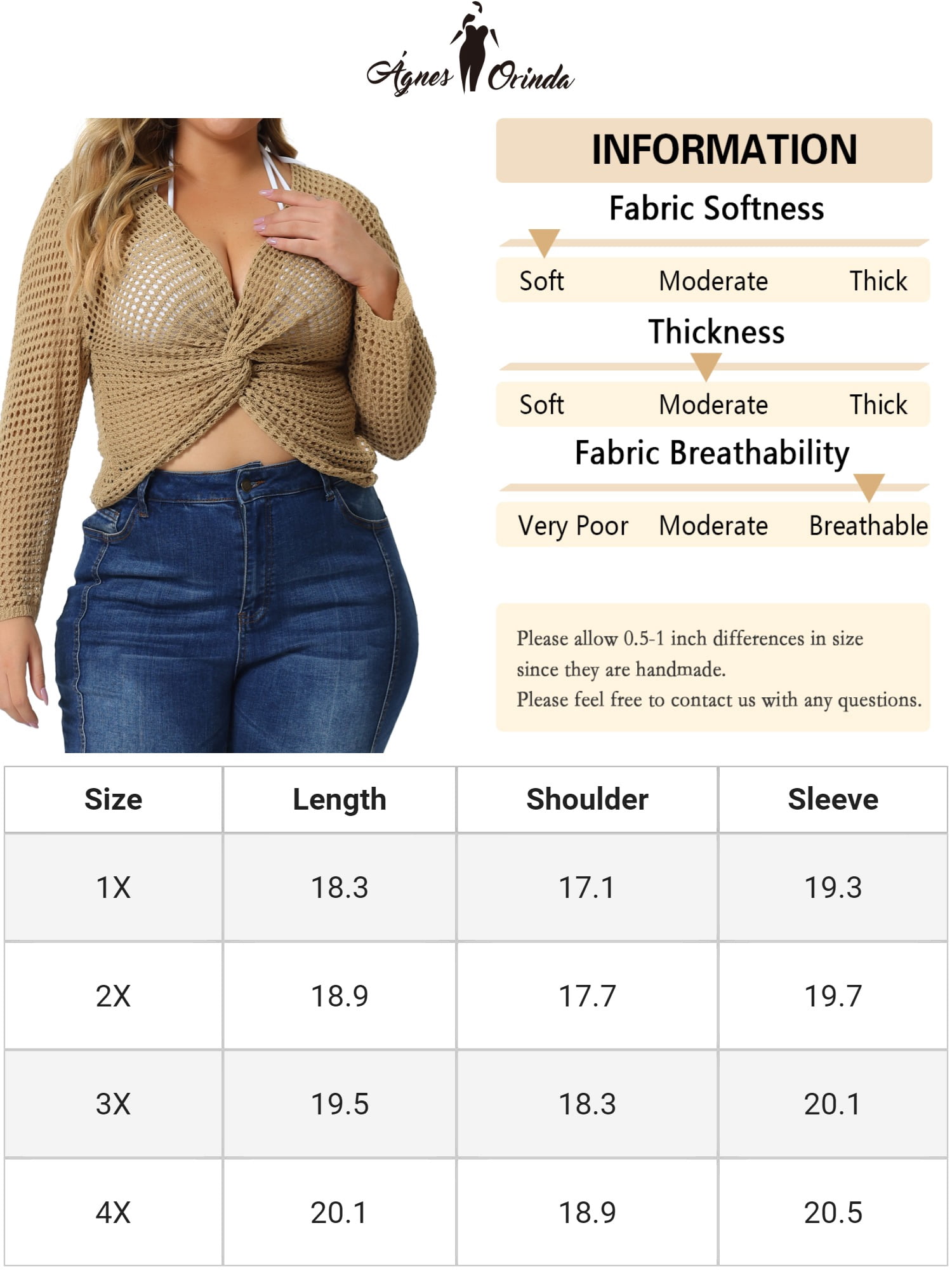Unique Bargains Women's Plus Size Knitted V-Neck Ruched Cross Hollow Out Long Sleeve Tops 1X Light Camel