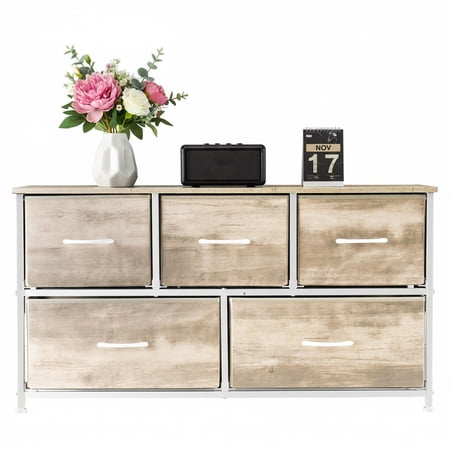 5-Drawer Fabric Storage Dresser in Oak Finish Versatile Storage Chest and TV Stand Unit Modern Stylish Organizer Perfect for Bedroom Closet Entryway and Living Room Decoration