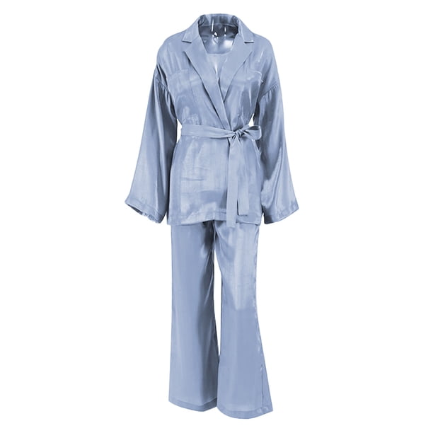 SAYOO Mujer Casual Homewear Pijama Conjunto Manga Larga Color Sólido Solapa Tops + Pantalones Largos Sueltos + Cinturón SAYOO Moda