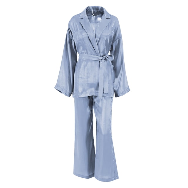 SAYOO Mujer Casual Homewear Pijama Conjunto Manga Larga Color Sólido Solapa Tops + Pantalones Largos Sueltos + Cinturón SAYOO Moda