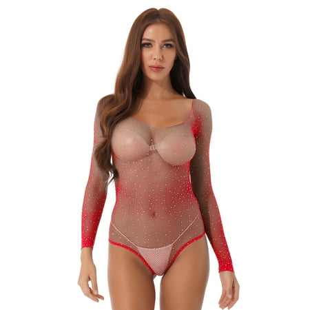 Sxiwei Women s See Through Fishnet Long Sleeved Bodysuit Hollow Out Teddy Lingerie Mesh Romper Red OneSize
