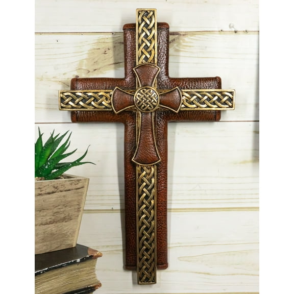 Rustic Celtic Knot Scrollwork Faux Tooled Leather Multiple Layered Wall Cross