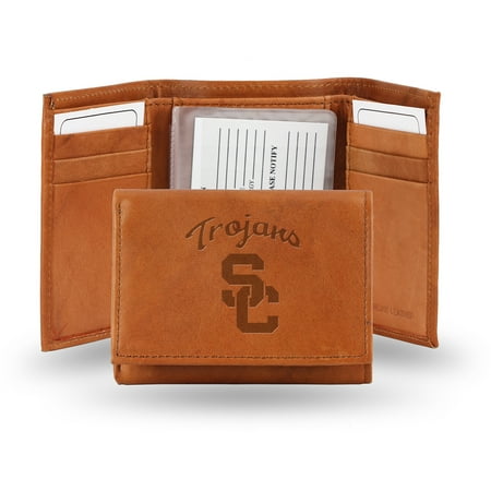 Team Logo Wallets - Southern Cal USC Trojans NCAA Team Logo Embossed Brown Leather Trifold Wallet