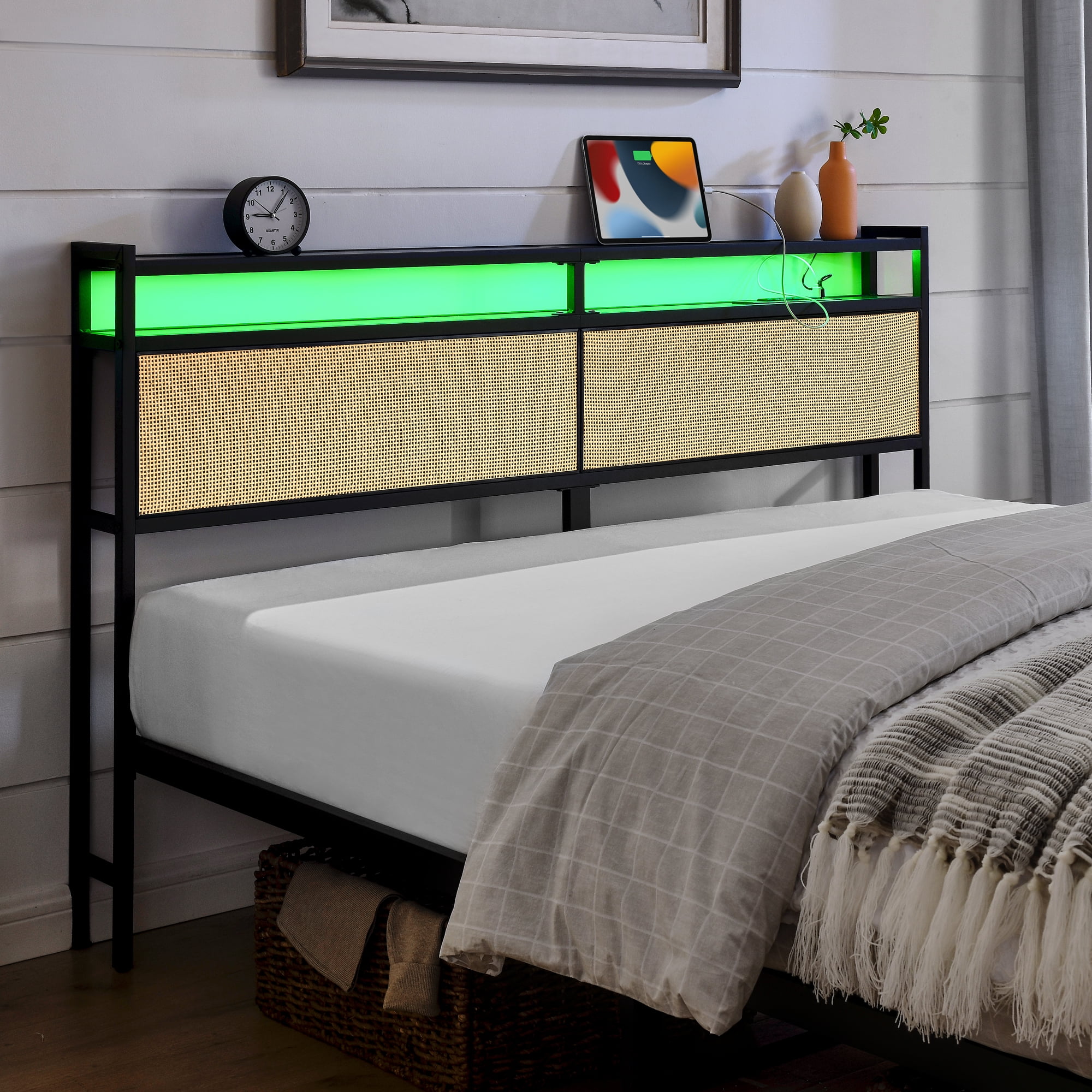 Euroco Metal Queen Platform Bed Frame with Storage Headboard and LED Light for Adults, Beige
