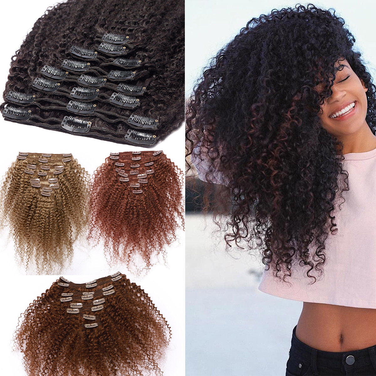 SEGO Kinky Curly Clip in Real Human Hair Extensions Double Weft Remy Full Head Thick Hair ...