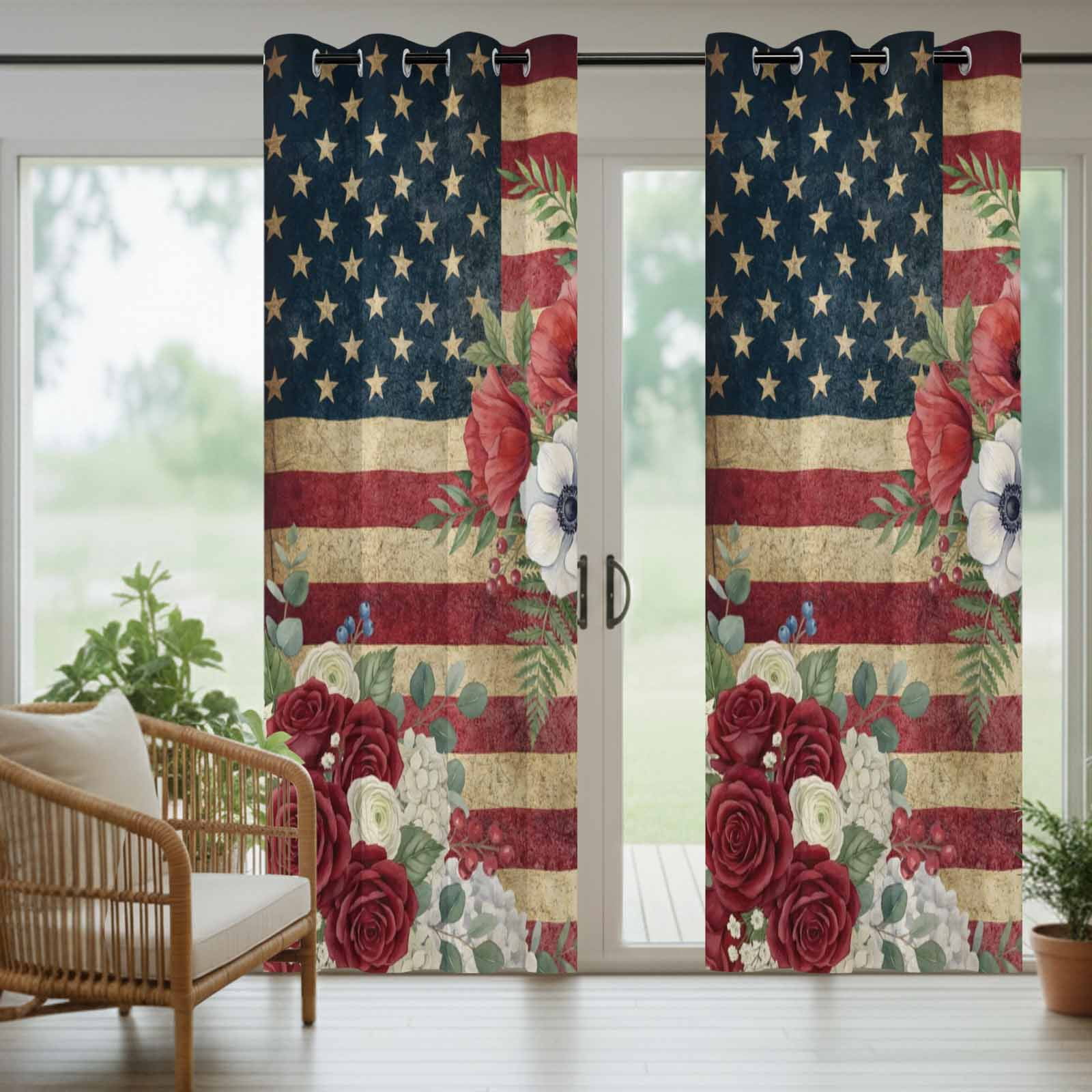 4th of July Outdoor Curtains for Patio, Patriotic USA Flag Stars Red Flowers Leaf Rustic Sunshade Privacy Drapes Grommet Waterproof Outside Curtains for Porch/Cabana/Balcony 54"x 108", 1 Panel