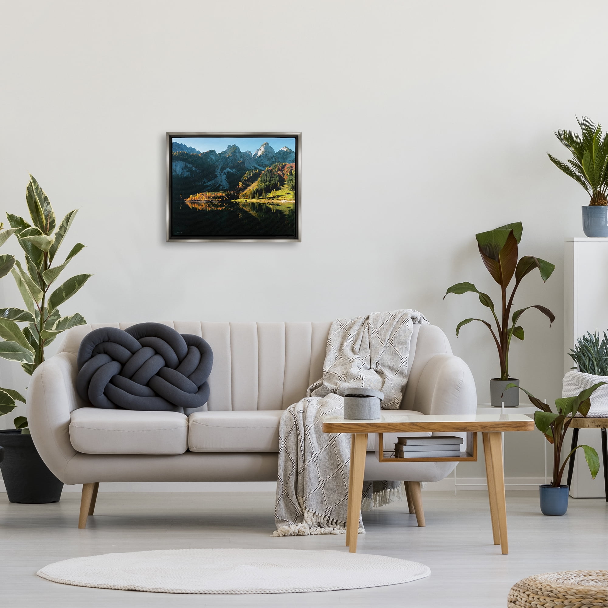 Stupell Autumn Foliage Mountain Lake Landscape Photography Gray Floater Framed Art Print Wall Art