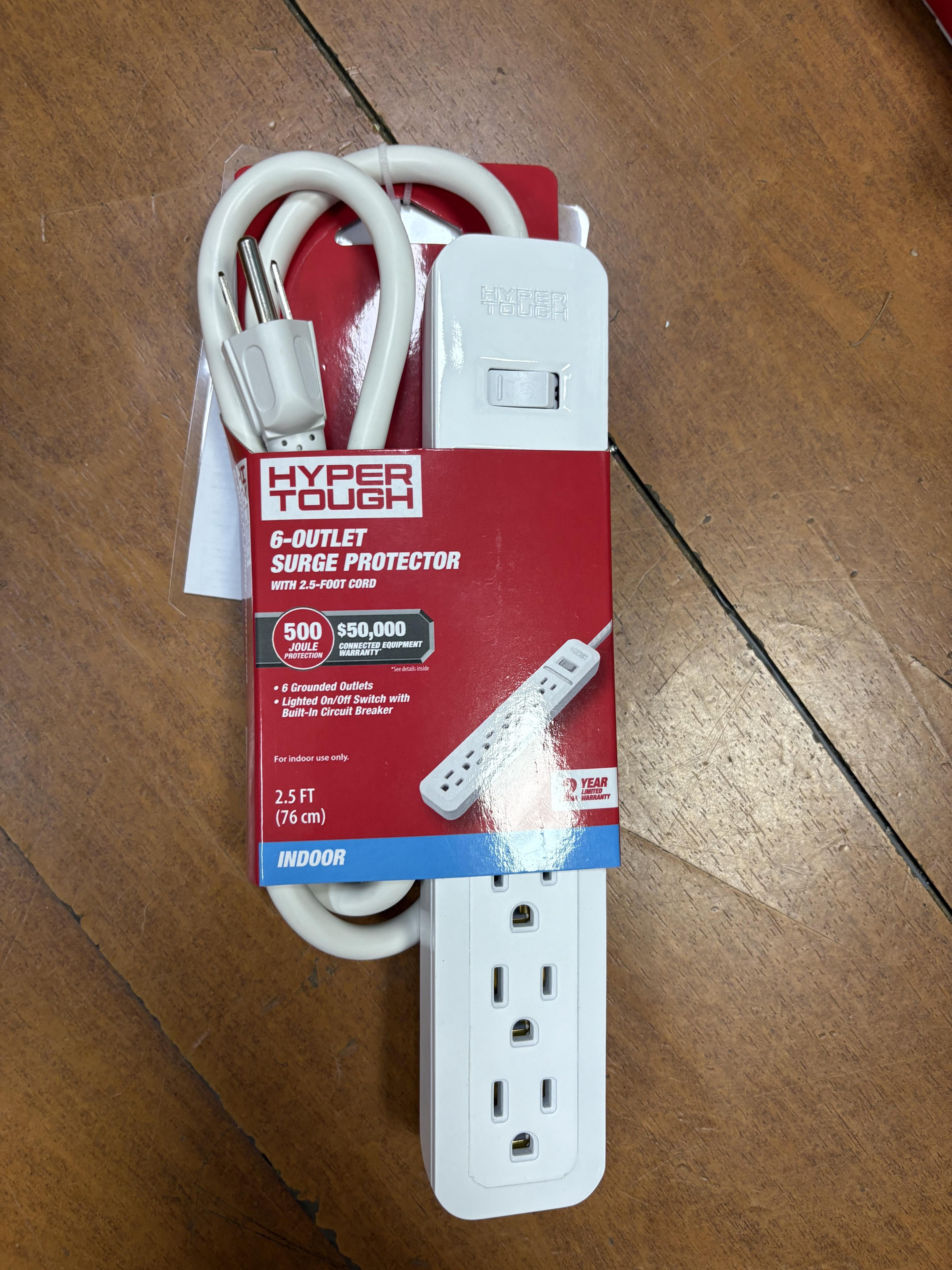 Hyper Tough 6 Outlet Surge Protector with 2.5 ft Extension Cord, White