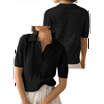 thumbnail image 3 of Women'S Cable Short Sleeve Sweaters Tops Solid Lapel V Neck Knit Casual Soft Pullover Shirt Black S, 3 of 6
