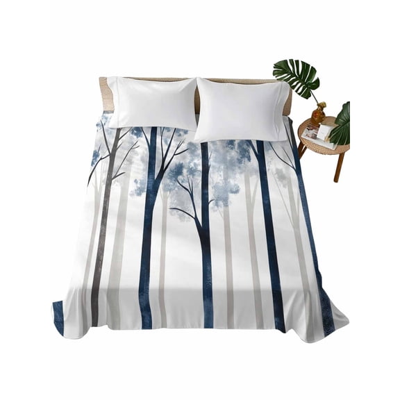 Twin Flat Sheet 66"x96", Forest Tree Soft Lightweight Bedding Flat Sheets Only, Blue Watercolor Silhouette Nature Scenery Brushed Microfiber Top Bed Sheet, Breathable StainResistant Bedsheets