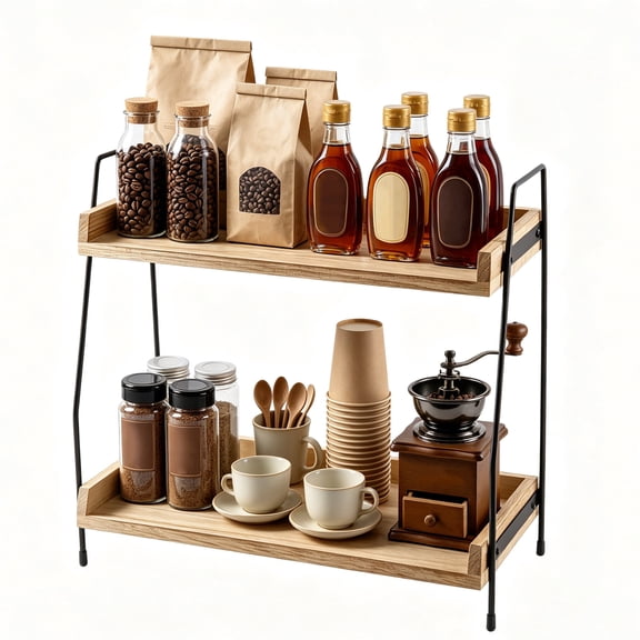 Topsome Coffee Bar Organizer, 2-Tier Wooden Coffee Bar Accessories, Countertop Coffee Station Organizer for Kitchen, Home, Office, Counter Shelf Organizer for Syrup Cups Sugar Stirrer