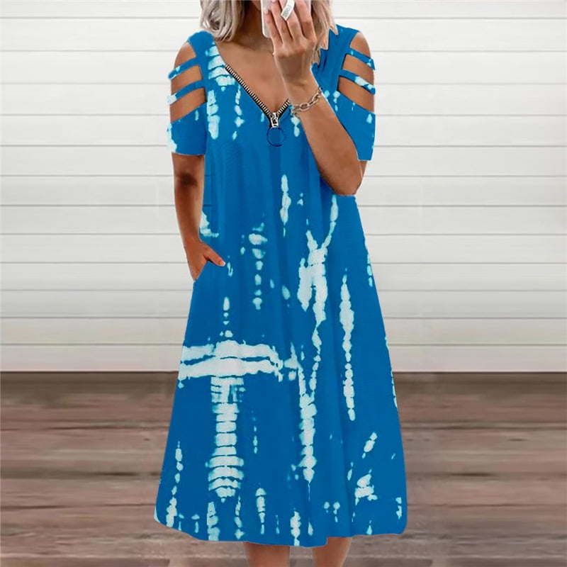 Women S Summer Casual Short Sleeve Longuette Zipper V Neck Gradual Dress Hollow Out Elegant Long Skirt One Piece Dress Walmart Com