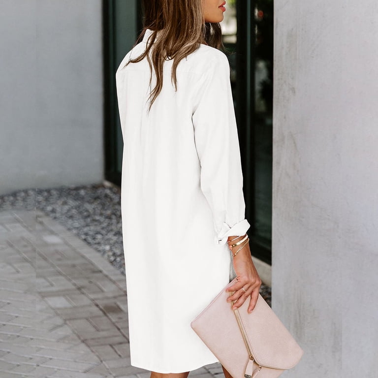 Cuzibr Women Casual Classic Shirt Dress Long Sleeve Button Down Solid Color Tunic Mini Dresses Turndown Collar Split Loose Fit Relaxed Oversized Cozy