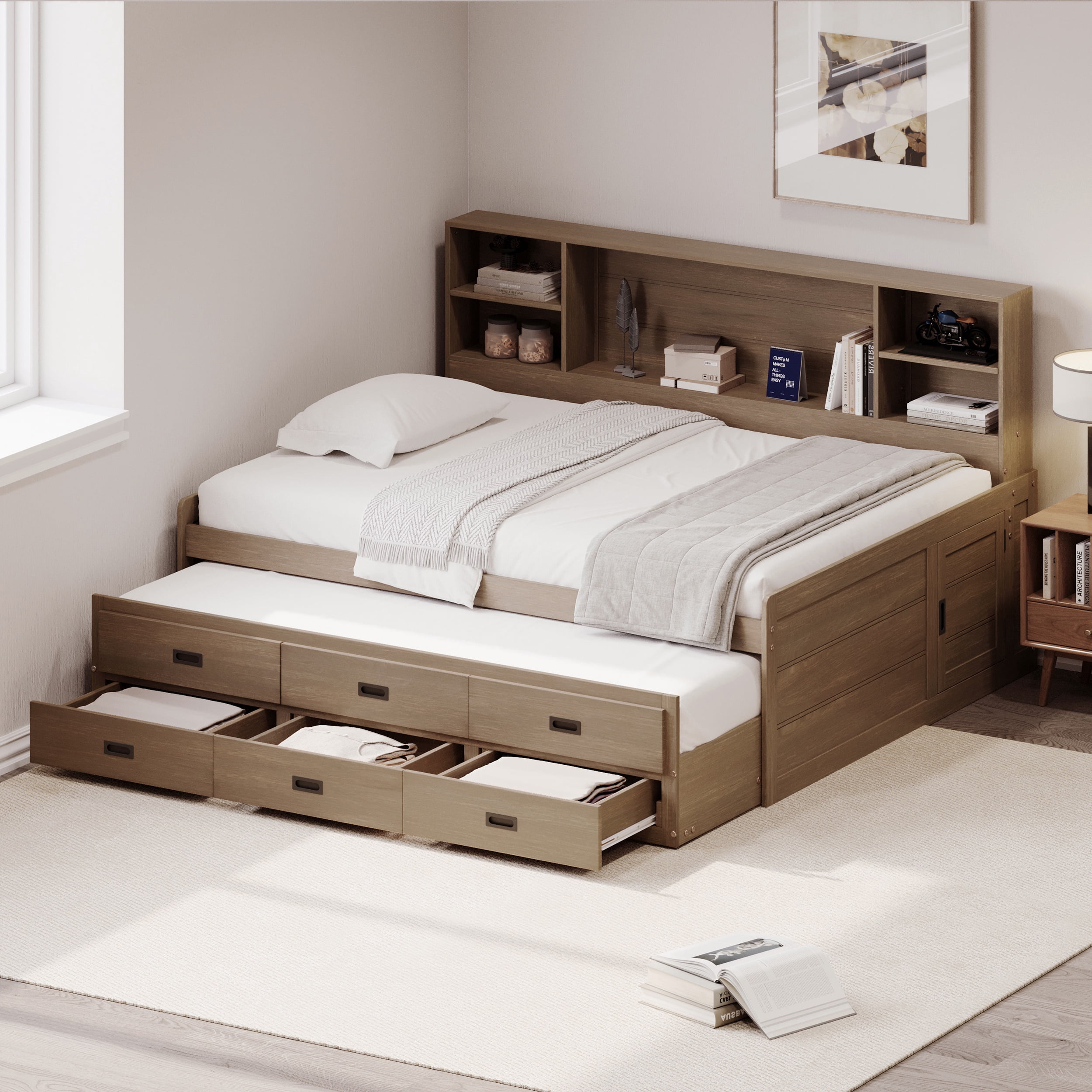 PORKISS Twin Size Daybed, Wooden Captain Daybed with Storage Bookcase Headboard, Modern Captain’s Bed with Trundle and Storage Drawers for Kids, Teens, No Box Spring Needed, Walnut