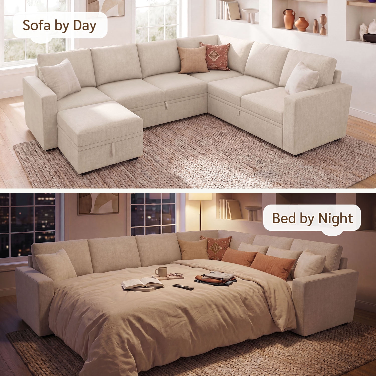 Marrber Convertible Linen Sleeper Sofa Couch Pull Out Sofa with Storage for Living Room Furniture Sets, Beige